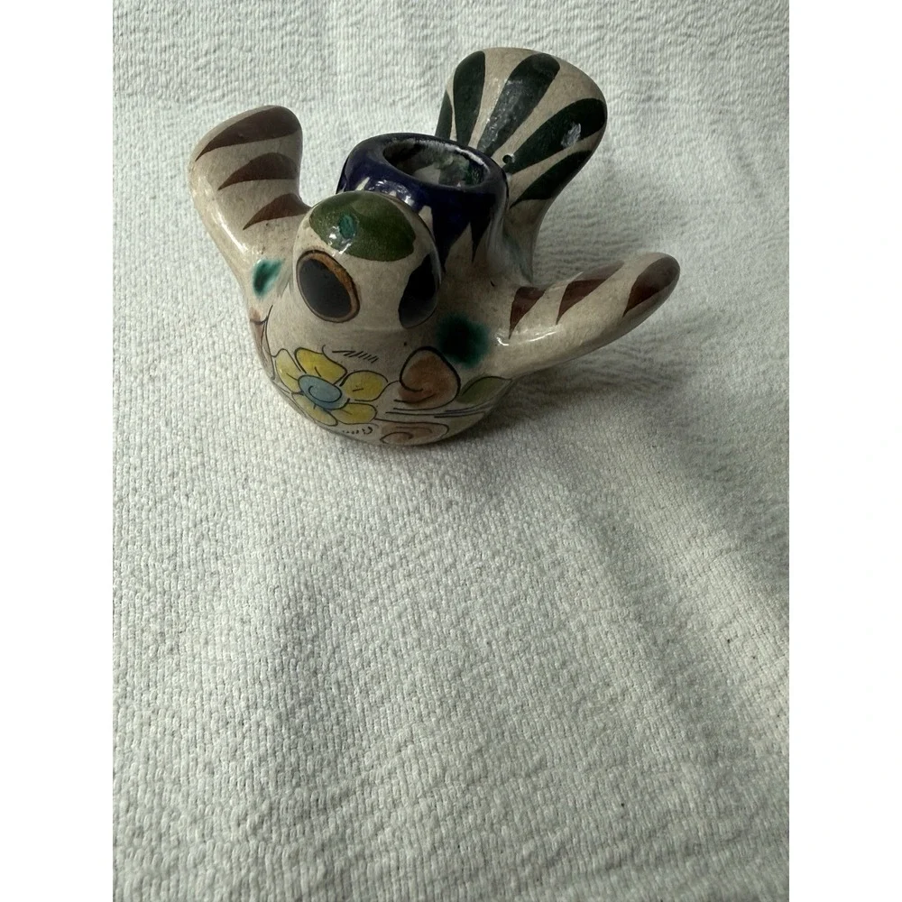 Mexican Tonala Pottery Bird Candle Holder Folk Art Figurine Hand Painted VTG  4
